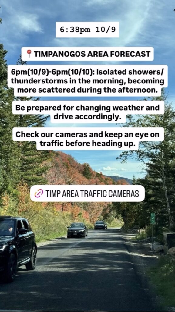 A photo showing current travel tips, traffic alerts, or road conditions for the Mt. Timpanogos area. Text on image is included below.